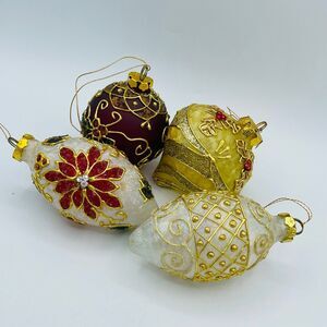 4 Embellished Frosted Glass Christmas Ornaments Elongated Poinsettia Holly Gold